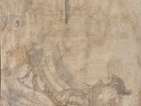 an old drawing of a man riding a horse on a stone slab