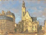 un tableau représentant un bâtiment surmonté d'une tour horloge