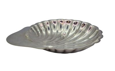 a silver shell shaped dish on a white background