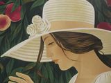 a painting of a woman wearing a hat and holding a cell phone