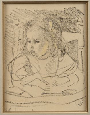 drawing of a young girl sitting in a chair with her head resting on a pillow