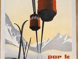 poster of a ski lift in front of a snowy mountain range