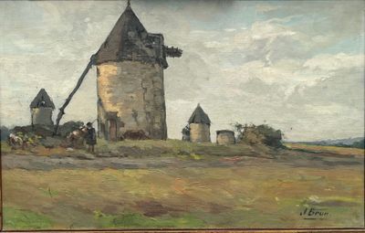 une image représentant un tableau d'un moulin à vent dans un champ