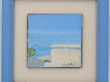 an oil painting of a blue frame with a picture of a beach