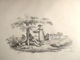 a drawing of a group of people sitting under a tree