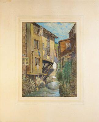 une image représentant un tableau où l'on voit une rivière traverser une ville