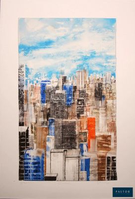 painting of a cityscape with a blue sky and clouds in the background