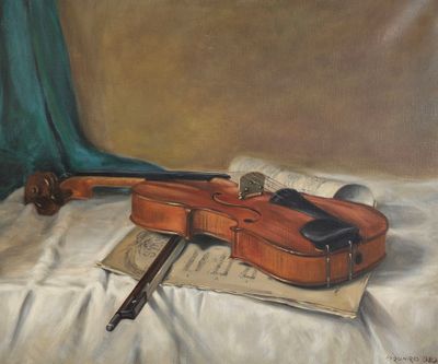an oil painting of a violin and sheet music on a bed