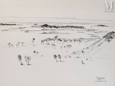 dessin représentant un troupeau de moutons traversant un champ enneigé