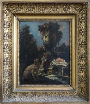une peinture à l'huile représentant un chien et un chat dans un décor boisé