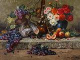 tableau représentant une nature morte composée de fleurs et de fruits posés sur un rebord