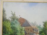 a picture of a painting of a building in the woods
