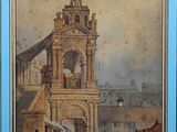 une peinture sur le mur d'un immeuble doté d'une tour horloge