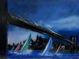 Peinture représentant des voiliers naviguant sous le pont de Brooklyn la nuit