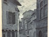 un tableau représentant une personne marchant dans la rue