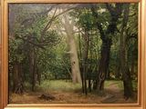 a painting of a forest scene with trees in the foreground