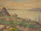 un tableau représentant des personnes sur une colline au bord de l'eau