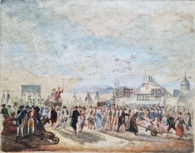 une vieille peinture représentant une foule de personnes rassemblées autour d'un bâtiment