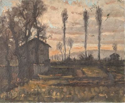 an image of a painting of a house in a field with trees