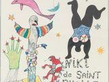an image of a drawing of a clown and a cat on a pole