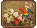 an image of a painting of a parrot on a branch with flowers