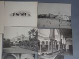 several black and white photographs of old buildings and people in a courtyard