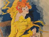 an image of a woman in a yellow dress sitting on a chair next to a cat
