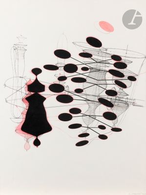 an image of a black and white drawing of a woman in a black dress