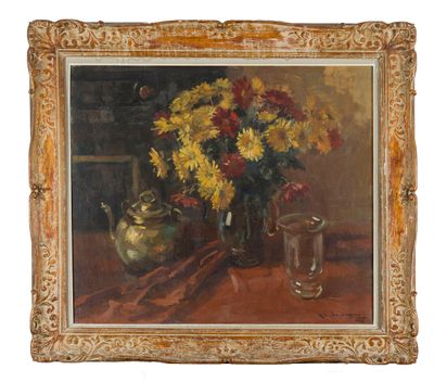 tableau représentant un vase de fleurs et une théière posés sur une table