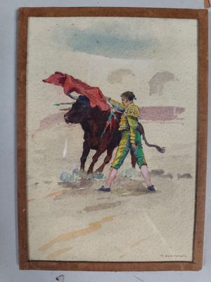 an image of a painting of a bull and a man with a red cape
