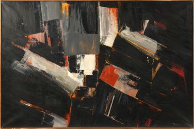 peinture abstraite en noir et blanc rehaussée de touches de rouge et de blanc