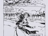 an ink drawing of a woman in a park with a bird flying over her head