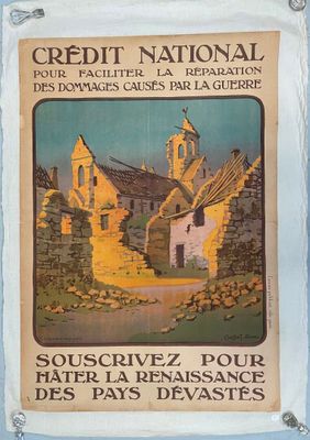 affiche française représentant un village avec, en arrière-plan, une église et un clocher