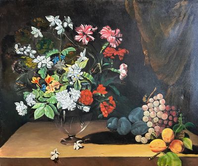 peinture d'une nature morte de fleurs et de fruits sur une table