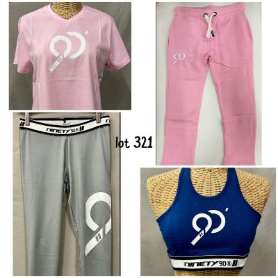 four different pictures of a woman ' s pink and grey outfit and a blue and white shirt