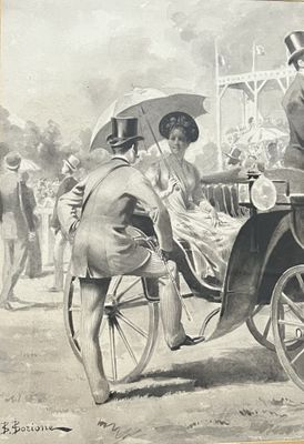 a drawing of a horse drawn carriage being pulled by a man