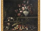 tableau représentant une nature morte composée de fleurs et de fruits posés sur un rebord