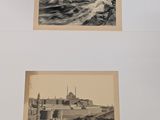 two old black and white photos of a beach and a lighthouse