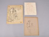 trois dessins représentant un homme et une femme assis sur un banc