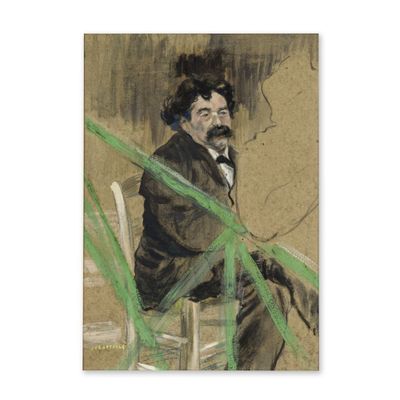 un tableau représentant un homme assis sur une chaise, portant une moustache
