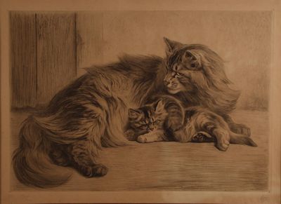 tableau représentant une chatte et son chaton se reposant sur une table