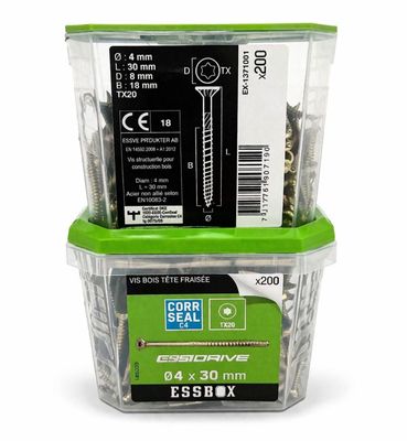 two plastic containers filled with screws and nails on a white background