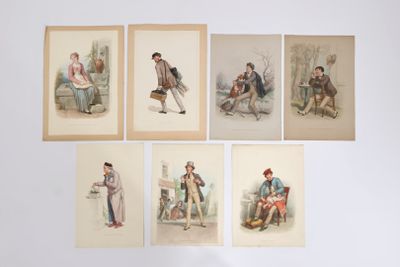 six images de couleurs différentes représentant des personnes assises sur un banc dans une pièce