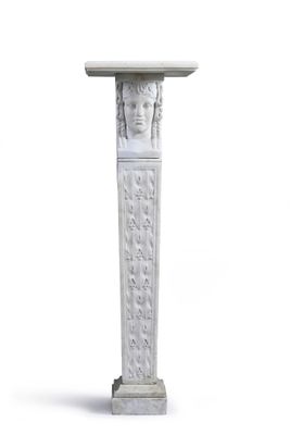 a white column with a face on it on a white background