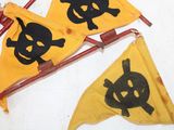 yellow and black pirate flag with skull and crossbones on it