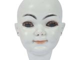 a white mannequin head with brown eyes and eyebrows