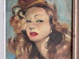 an oil painting of a woman with long hair in a white frame