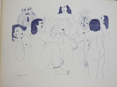 a drawing of a group of people sitting on a couch