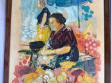 tableau encadré représentant une femme vendant des fruits et légumes sur un marché