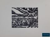 a black and white drawing of a group of people in a boat